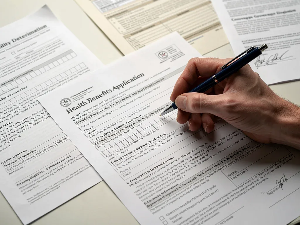 Hand filling out complex Medicaid eligibility forms
