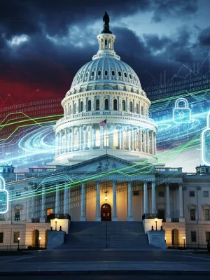 US Capitol building with digital data streams, representing new data privacy legislation debates.