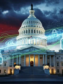 US Capitol building with digital data streams, representing new data privacy legislation debates.