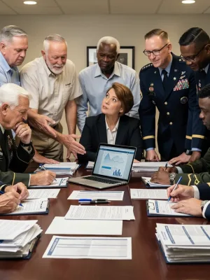 Veterans reviewing 2026 VA benefit documents with a financial advisor.