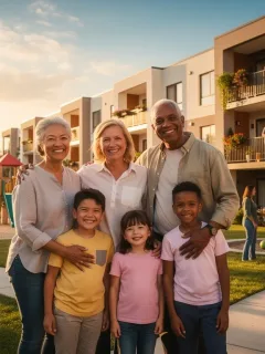 Family smiling in front of affordable housing complex, symbolising hope and stability.