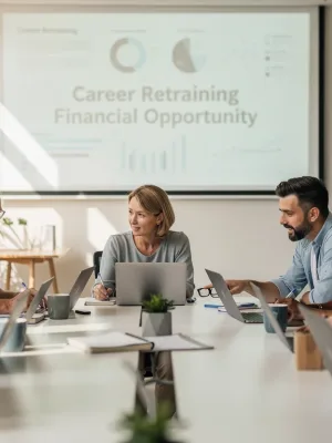Adult learners in a modern classroom setting utilising federal grants for retraining programmes in the US.
