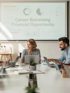 Adult learners in a modern classroom setting utilising federal grants for retraining programmes in the US.