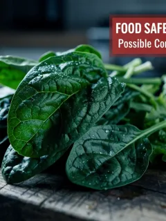 Close-up of contaminated leafy greens with a USDA warning label indicating a food safety alert.
