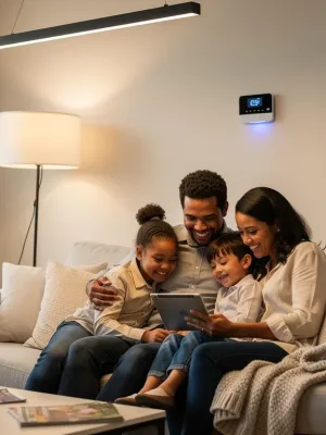 Family reviewing energy assistance benefits on a tablet in a cosy living room