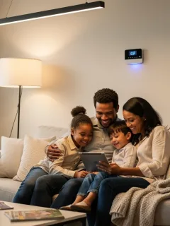 Family reviewing energy assistance benefits on a tablet in a cosy living room