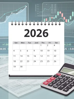 Calendar showing 2026 with stock charts and tax forms, symbolising future capital gains tax changes for US investors.