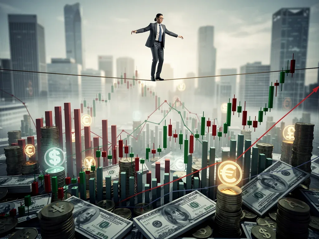 Individual balancing on a tightrope, symbolising careful navigation of economic volatility and interest rate changes.