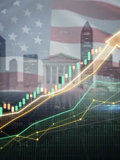 Abstract representation of US economic data and Federal Reserve interest rate predictions for 2026.
