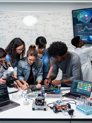 University students working together on a STEM project in a lab, symbolising new educational approaches.