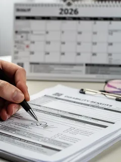 Detailed view of disability benefit application forms with a pen and a 2026 calendar.