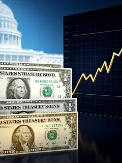 US Treasury bonds stacked with a rising yield graph, representing the 2026 investment outlook.