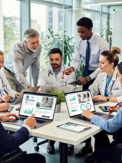 Professionals engaging with online learning platforms on devices in a modern office, symbolising career development.
