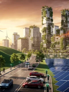 Modern cityscape with renewable energy infrastructure, symbolising US green technology investment