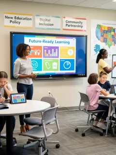 K-12 students and parents interacting in a modern classroom, reflecting new education policies.