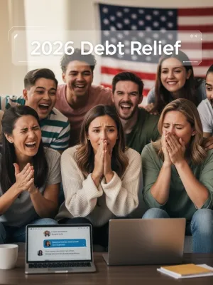 Students celebrating student loan forgiveness in 2026 with a backdrop of a US flag, symbolising federal relief.