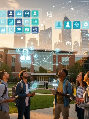 Digital badges and networking symbols over a US university campus, representing future education trends and career progression.