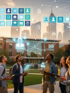 Digital badges and networking symbols over a US university campus, representing future education trends and career progression.