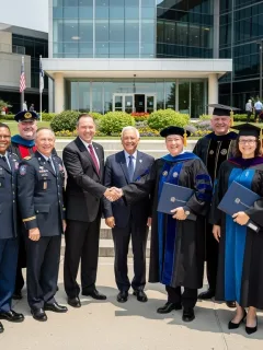 Veterans celebrating educational achievements at a university campus, highlighting the success of education benefits.