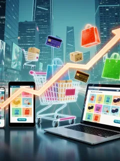 Illustration of e-commerce growth with shopping carts and digital devices.