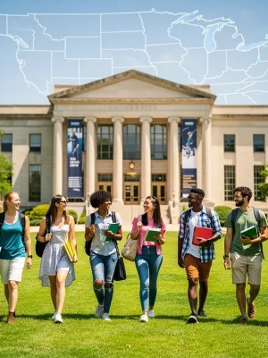 Students walking on a university campus, symbolising US state scholarship opportunities for 2026.