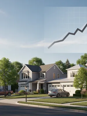 Modern US residential neighbourhood with subtle growth graph, representing housing market stability.