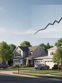 Modern US residential neighbourhood with subtle growth graph, representing housing market stability.