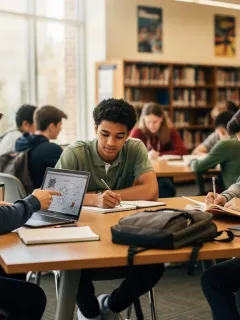 High school students collaborating on college preparation in a modern library, demonstrating academic focus and teamwork for future success.