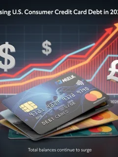 Illustration of rising US credit card debt with stacked cards and upward trending graph.