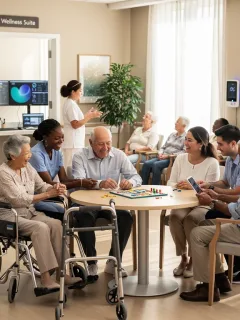 Seniors and caregivers in a modern long-term care facility, symbolising comprehensive support.