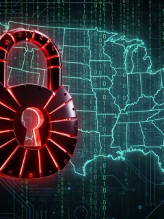 Digital padlock over US map, representing a significant increase in ransomware attacks across the United States.