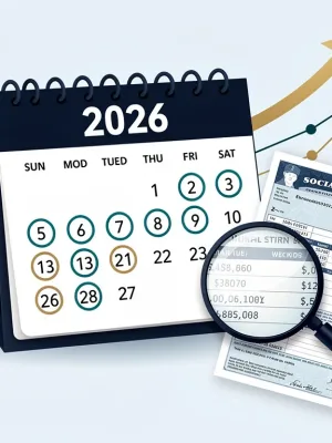 Graphic depicting 2026 calendar, Social Security statement, and upward trend graph for benefit maximisation.