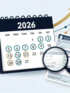 Graphic depicting 2026 calendar, Social Security statement, and upward trend graph for benefit maximisation.