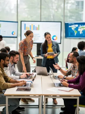 Diverse university students collaborating in a tech-rich classroom, representing global education standards.