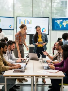 Diverse university students collaborating in a tech-rich classroom, representing global education standards.