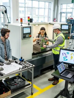 Young apprentices learning skilled trades in a modern US industrial setting, diverse group.