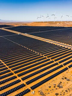 Expansive solar farm with wind turbines, symbolising US renewable energy commitment.
