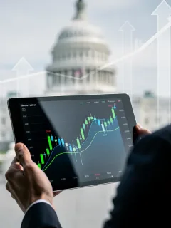 Investor analysing financial data with US Capitol in background, representing budget impact.