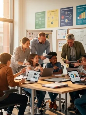 Diverse students and educators collaborating in modern classroom