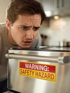 Homeowner checking appliance for recall information, emphasising consumer safety