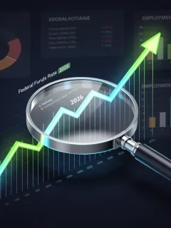 Financial graph showing a projected increase in the 2026 US Federal Funds Rate, with economic indicators.