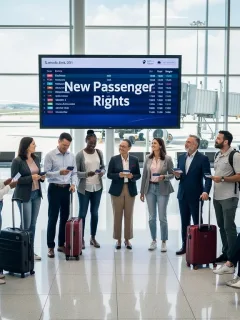 Passengers at airport terminal with new air passenger rights information