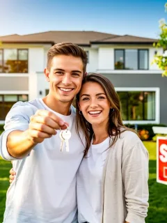 Happy couple with house keys in front of their new home, celebrating homeownership.