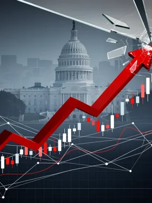 Illustration of the US debt ceiling, showing financial graphs and economic indicators under pressure, symbolising market uncertainty.