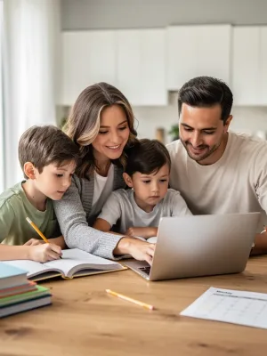 Family homeschooling in a bright living room, engaged in learning activities.