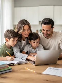 Family homeschooling in a bright living room, engaged in learning activities.