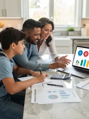 Family reviewing financial documents for college costs in 2026.
