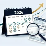 Graphic depicting 2026 calendar, Social Security statement, and upward trend graph for benefit maximisation.