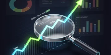 Financial graph showing a projected increase in the 2026 US Federal Funds Rate, with economic indicators.