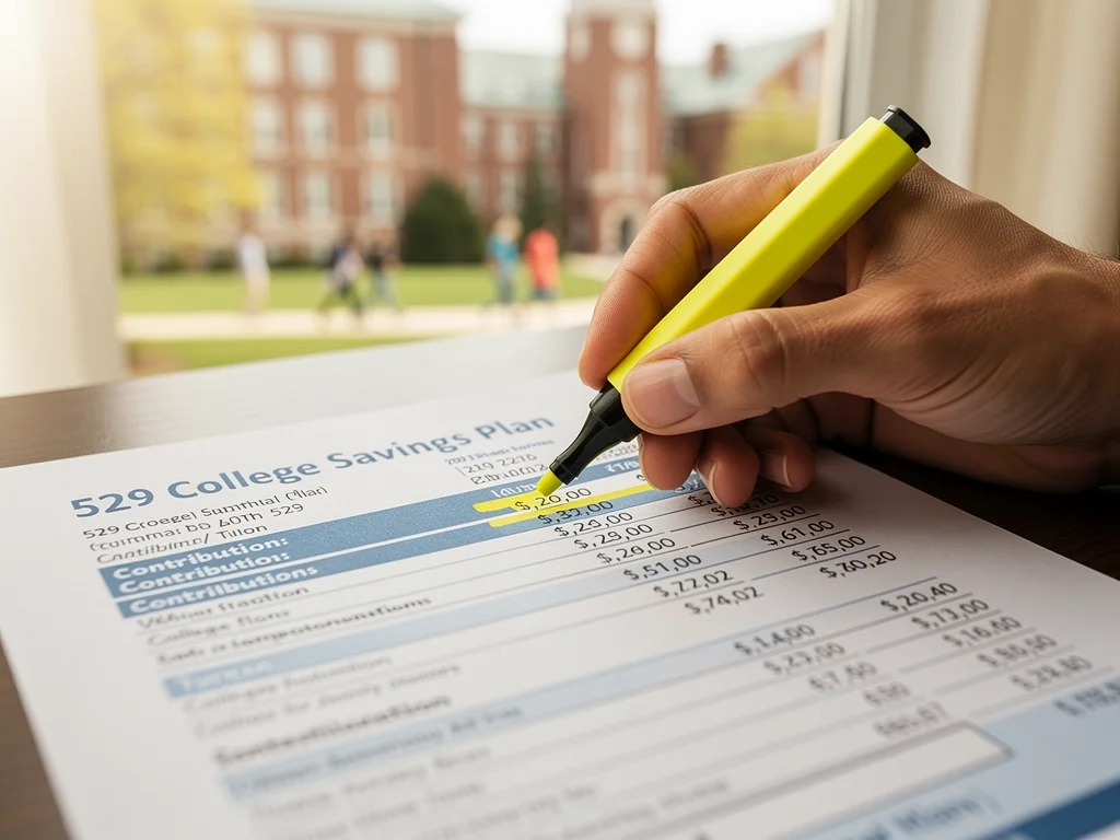 Hand highlighting figures on a 529 college savings plan statement.